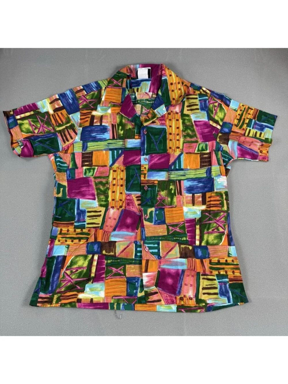 Hilo Hattie Shirt Womens Size L Multicolor Geometric Hawaiian Cotton Button Up